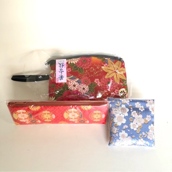 NEW Fujisan Canvas Metallic Floral Print Set Wristlet Coin Purse Eyeglass Case - Picture 2 of 7